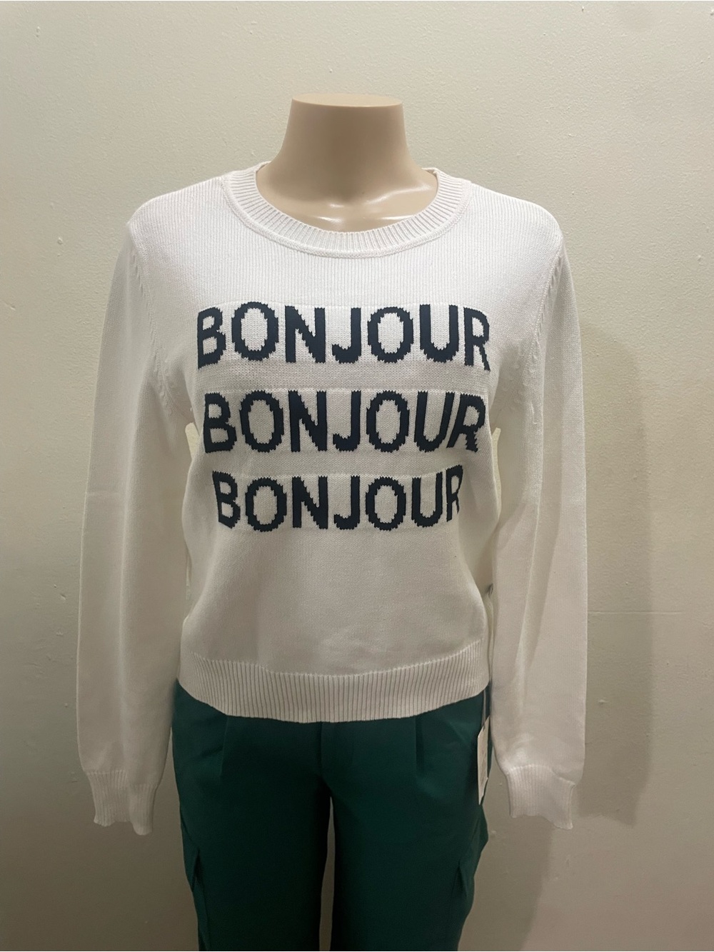 Karl Lagerfeld White Crewneck Sweater with Navy "Bonjour" Graphic